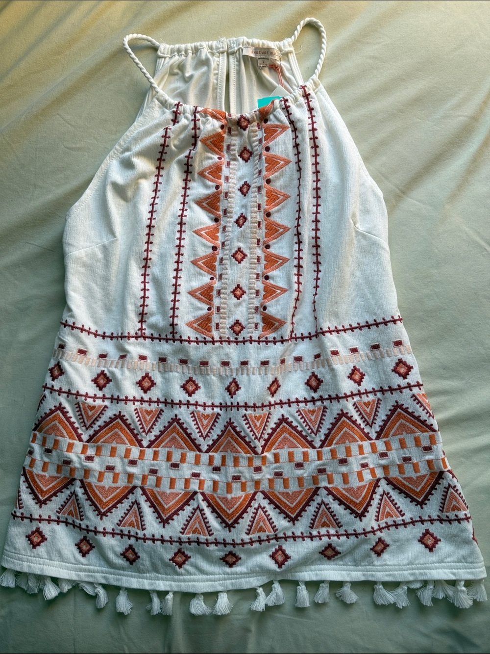 Skies Are Blue Nutria Embroidered Halter Top L NWT Boho Tassel
